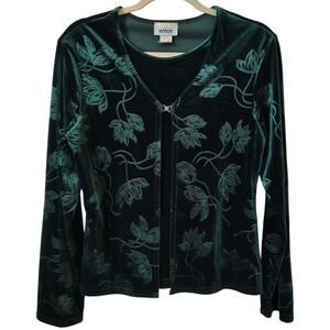 Vintage Y2K Nexxen Women's Top Medium Green Velvet Floral Long Sleeve Retro
